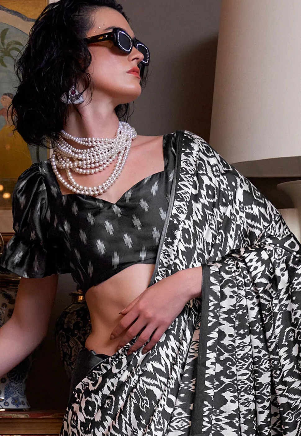 Half N Half Crepe Saree in Off White and Black