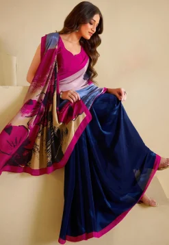 Half N Half Crepe Saree in Blue and Multicolor