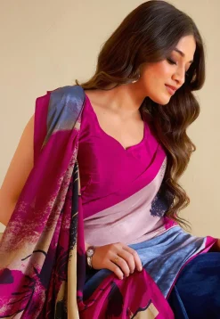 Half N Half Crepe Saree in Blue and Multicolor