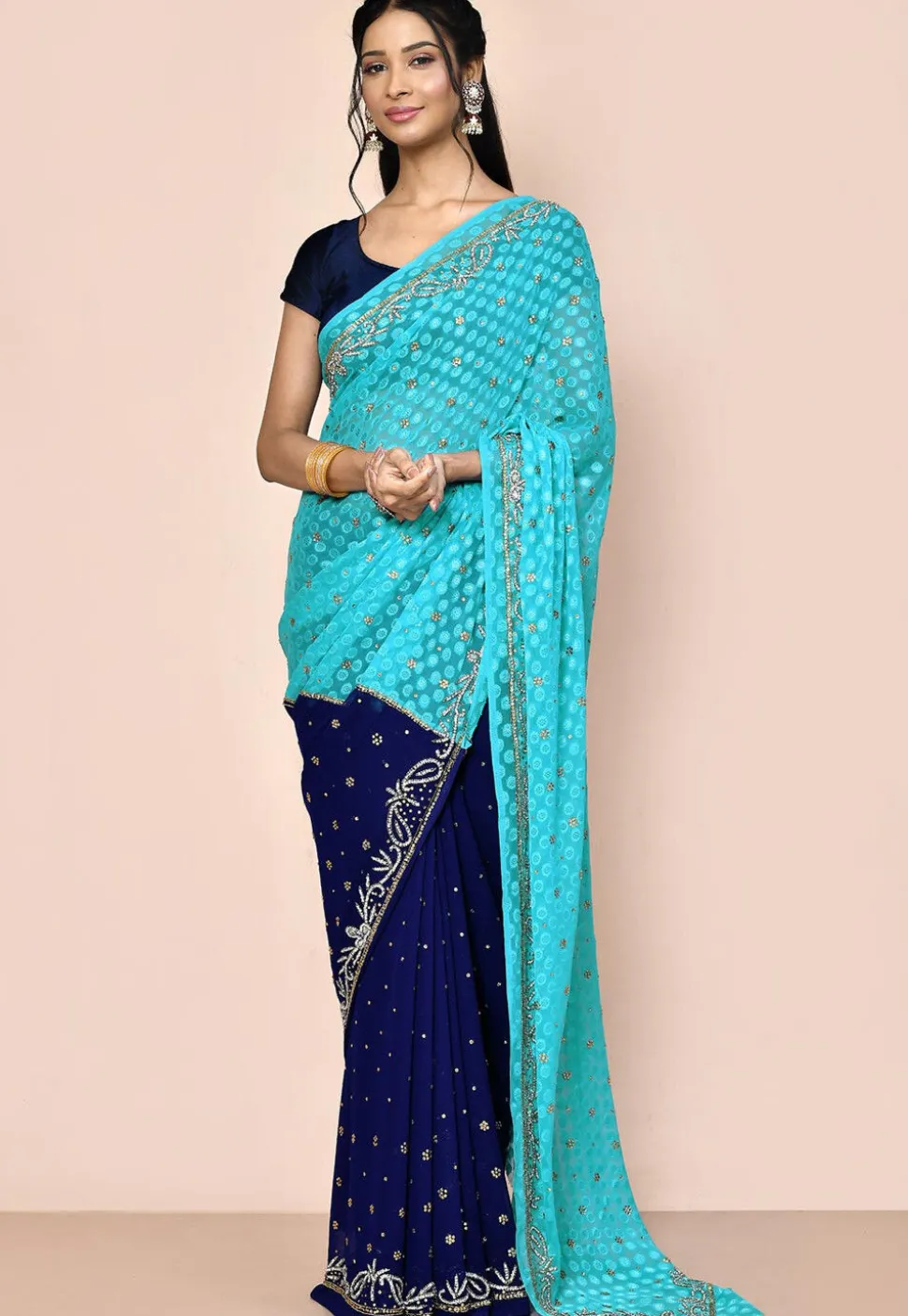 Half N Half Georgette Brasso Saree in Navy Blue and Blue