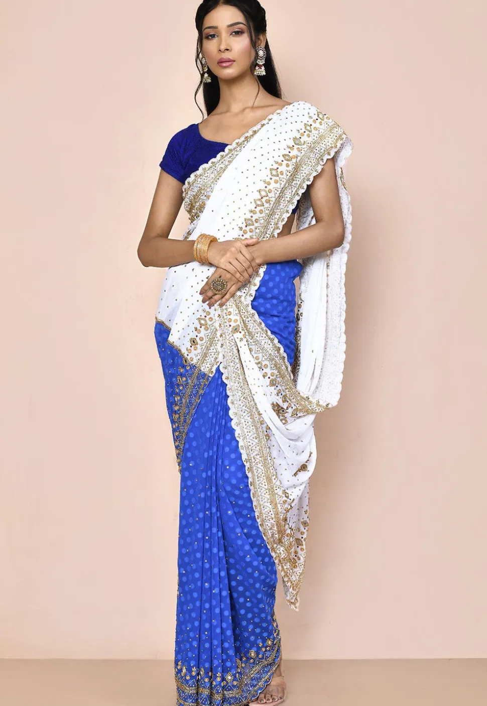 Half N Half Georgette Brasso Saree in White and Blue