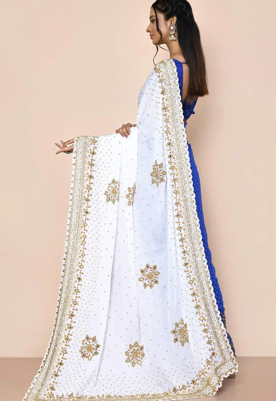 Half N Half Georgette Brasso Saree in White and Blue