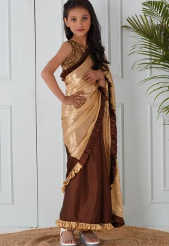 Half N Half Georgette Pre-stitched Saree in Brown and Beige