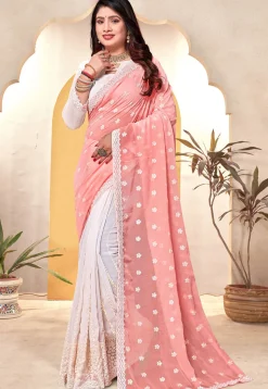 Half N Half Georgette Saree in Peach and Off White