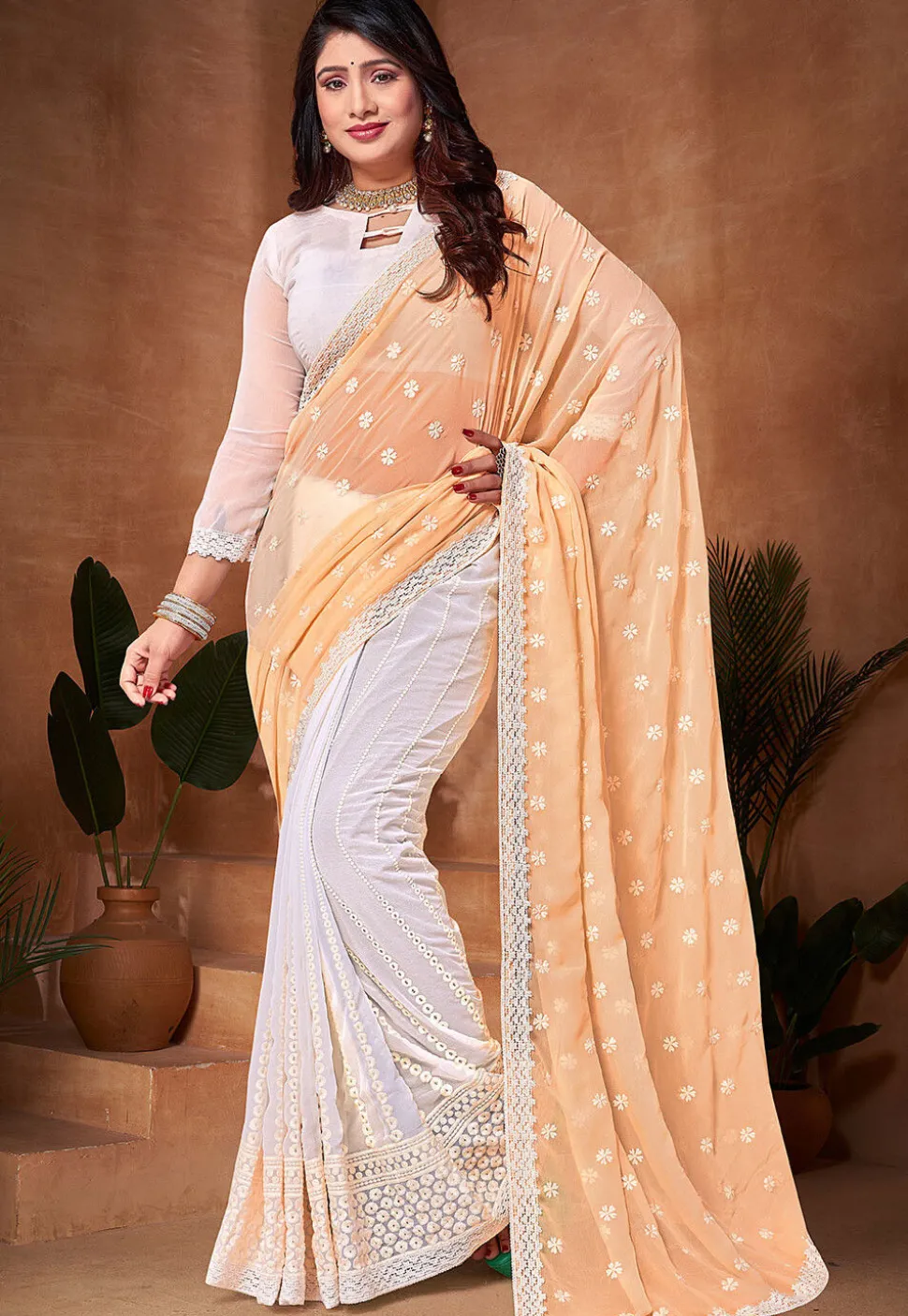 Half N Half Georgette Saree in Yellow and Off White