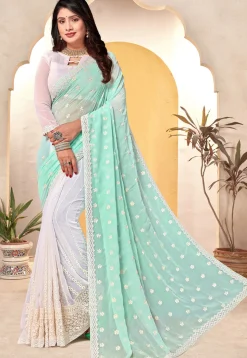 Half N Half Georgette Saree in Sea Green and Off White