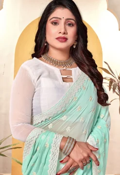 Half N Half Georgette Saree in Sea Green and Off White