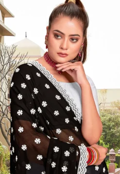 Half N Half Georgette Saree in Black and Off White