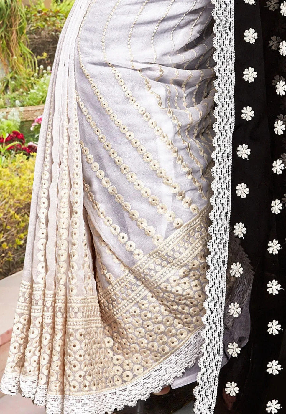 Half N Half Georgette Saree in Black and Off White
