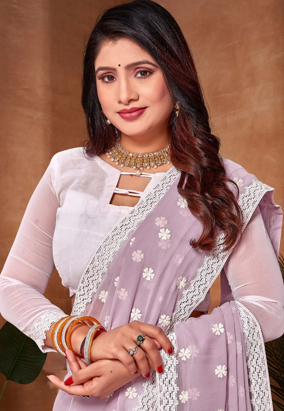 Half N Half Georgette Saree in Purple and Off White