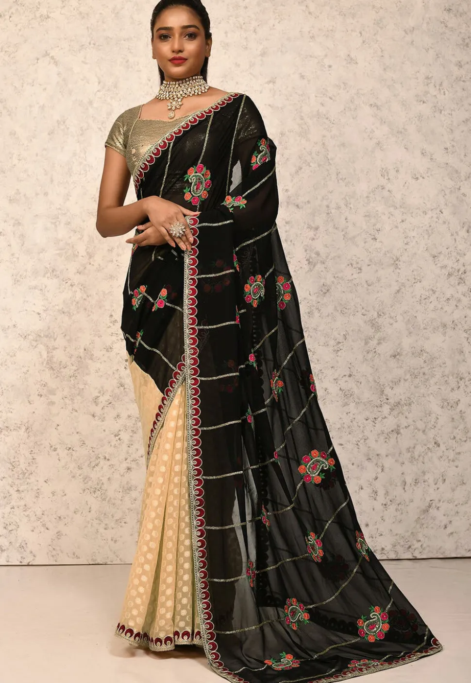 Half N Half Georgette Saree in Black and Beige