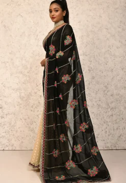 Half N Half Georgette Saree in Black and Beige