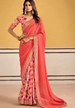 Half N Half Georgette Saree in Peach and Pink