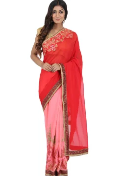 Half N Half Georgette Saree in Red and Pink