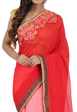 Half N Half Georgette Saree in Red and Pink