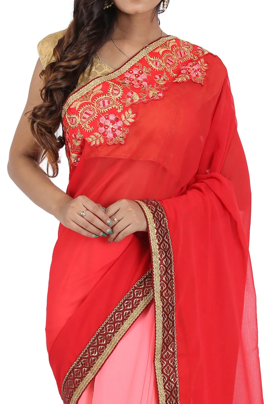 Half N Half Georgette Saree in Red and Pink