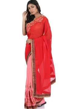 Half N Half Georgette Saree in Red and Pink