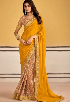 Half N Half Georgette Saree in Mustard and Cream