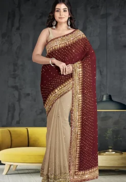 Half N Half Georgette Saree in Maroon and Beige