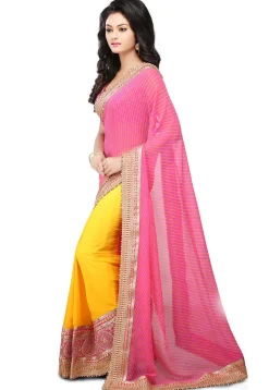 Half N Half Georgette Saree in Pink and Yellow