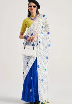 Half N Half Georgette Saree in Off White and Blue