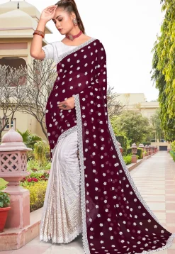 Half N Half Georgette Saree in Wine and Off White