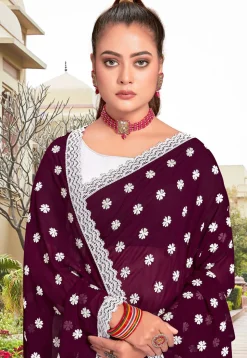 Half N Half Georgette Saree in Wine and Off White