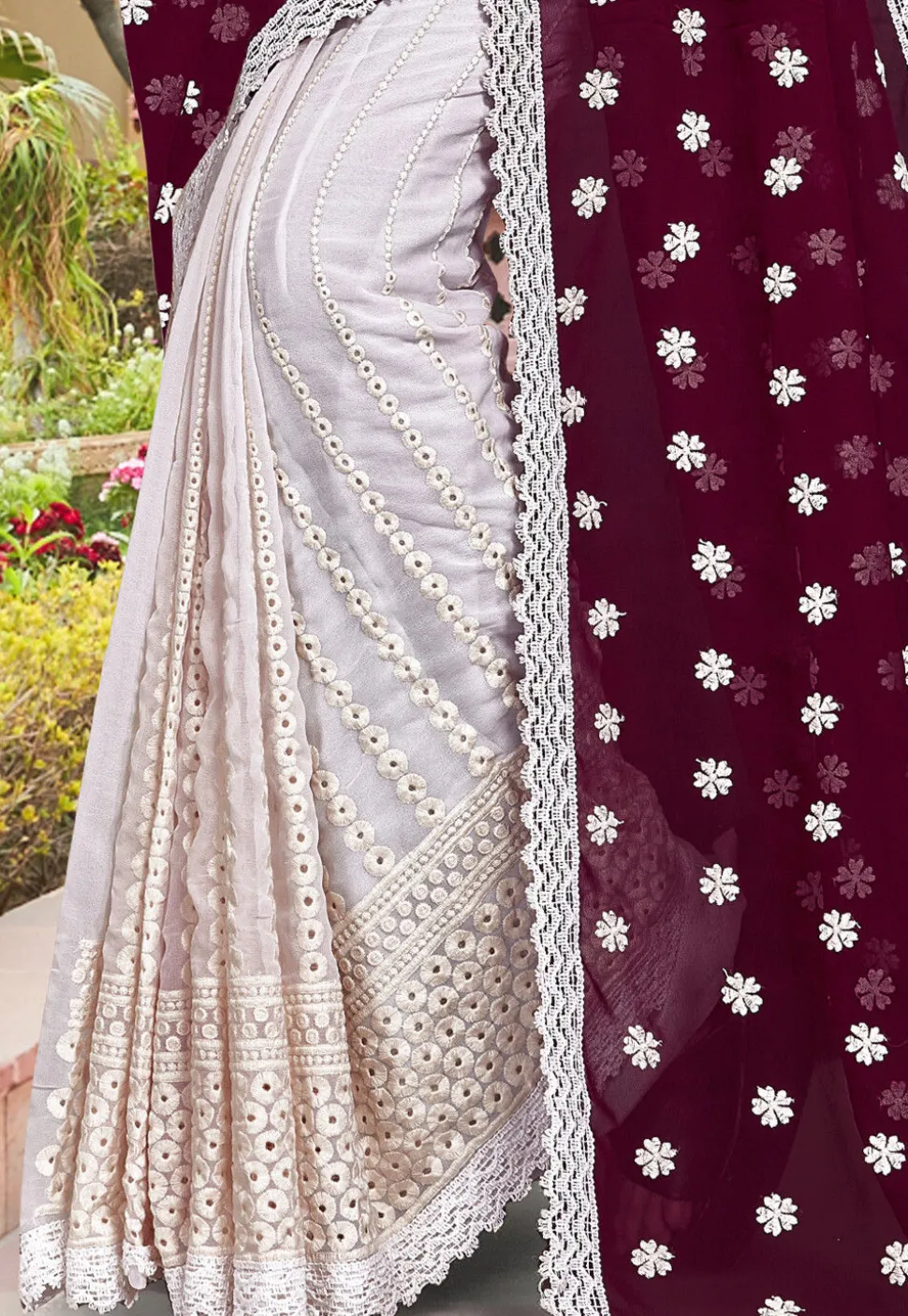 Half N Half Georgette Saree in Wine and Off White