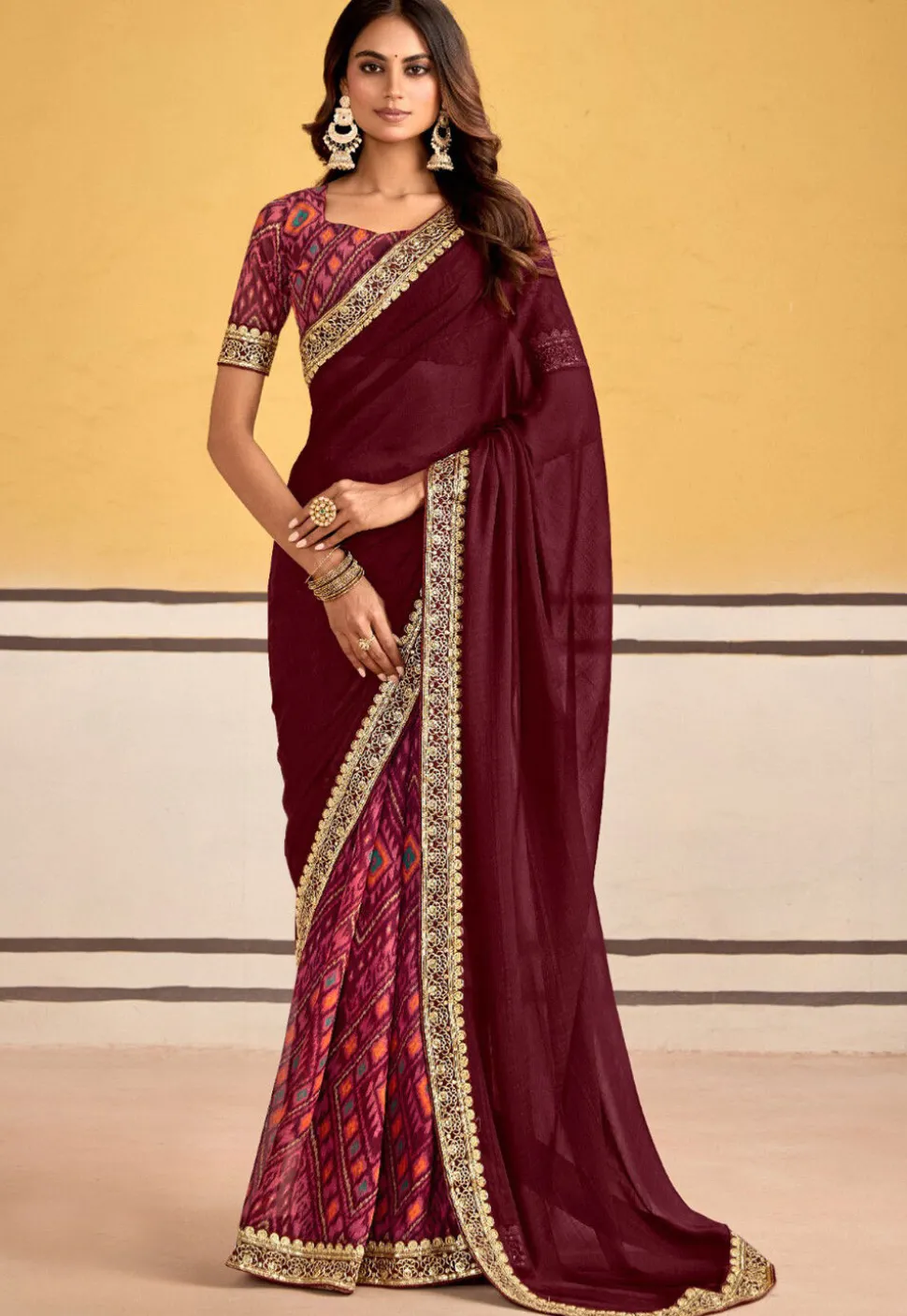 Half N Half Georgette Saree in Wine