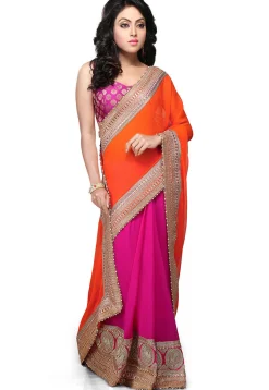 Half N Half Georgette Saree in Orange and Fuchsia