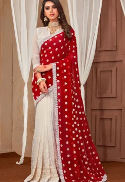 Half N Half Georgette Saree in Red and White