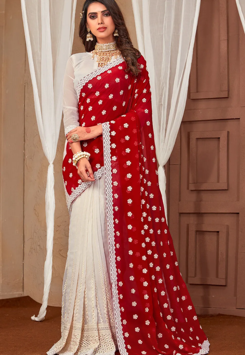 Half N Half Georgette Saree in Red and White