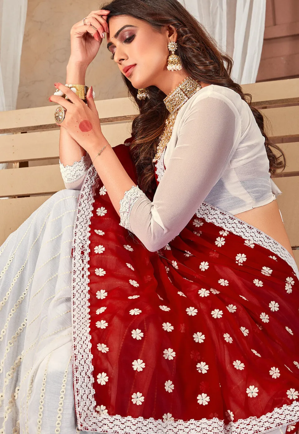 Half N Half Georgette Saree in Red and White