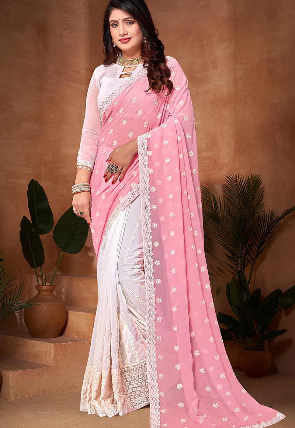 Half N Half Georgette Saree in Pink and Off White
