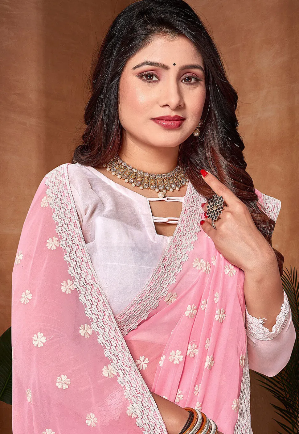Half N Half Georgette Saree in Pink and Off White