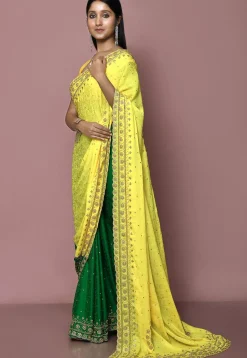 Half N Half Georgette Saree in Yellow and Green