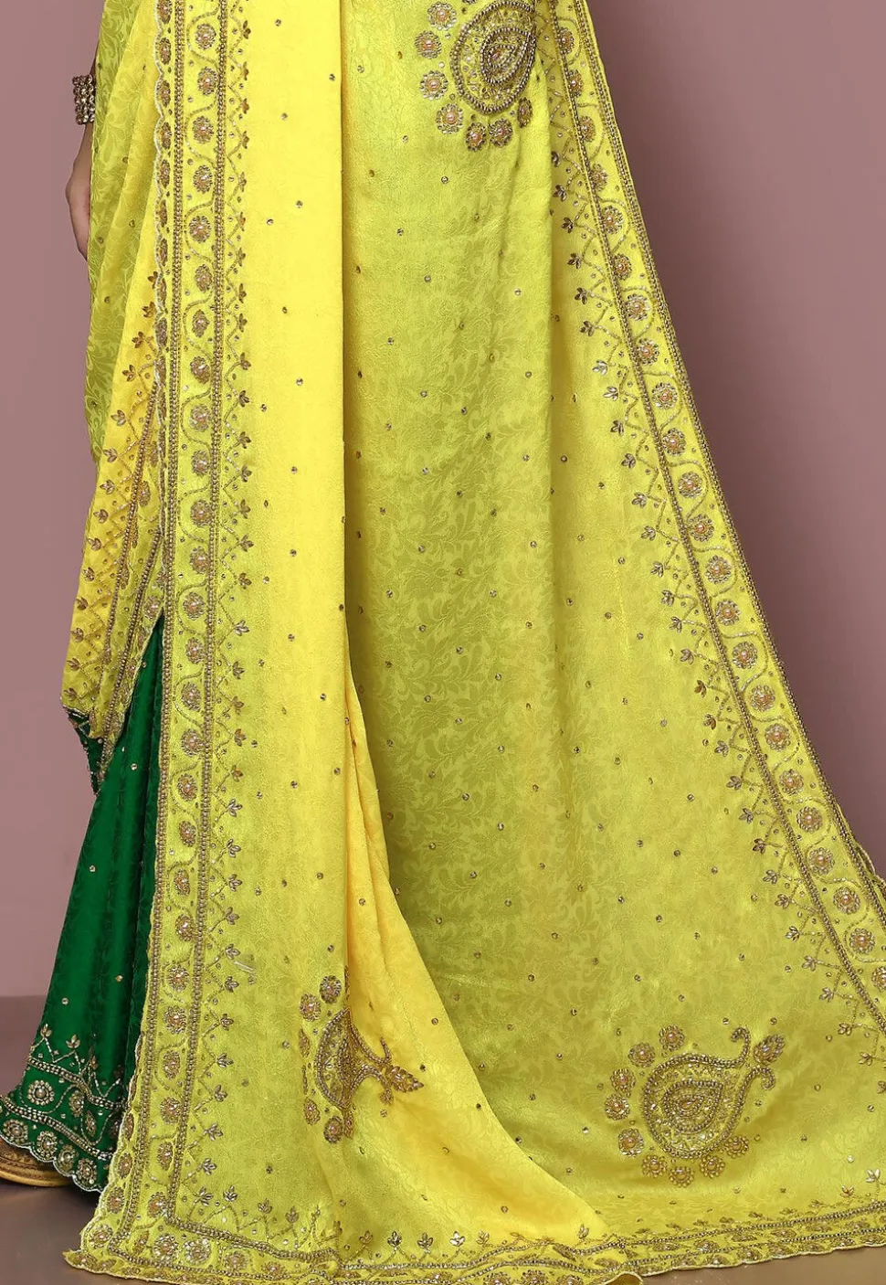 Half N Half Georgette Saree in Yellow and Green