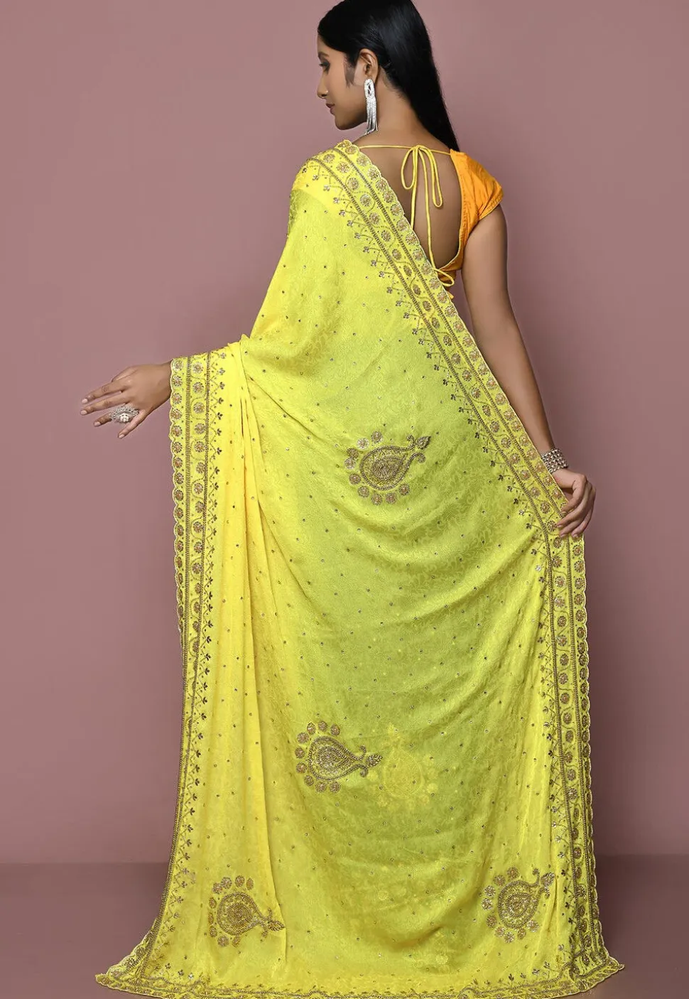 Half N Half Georgette Saree in Yellow and Green