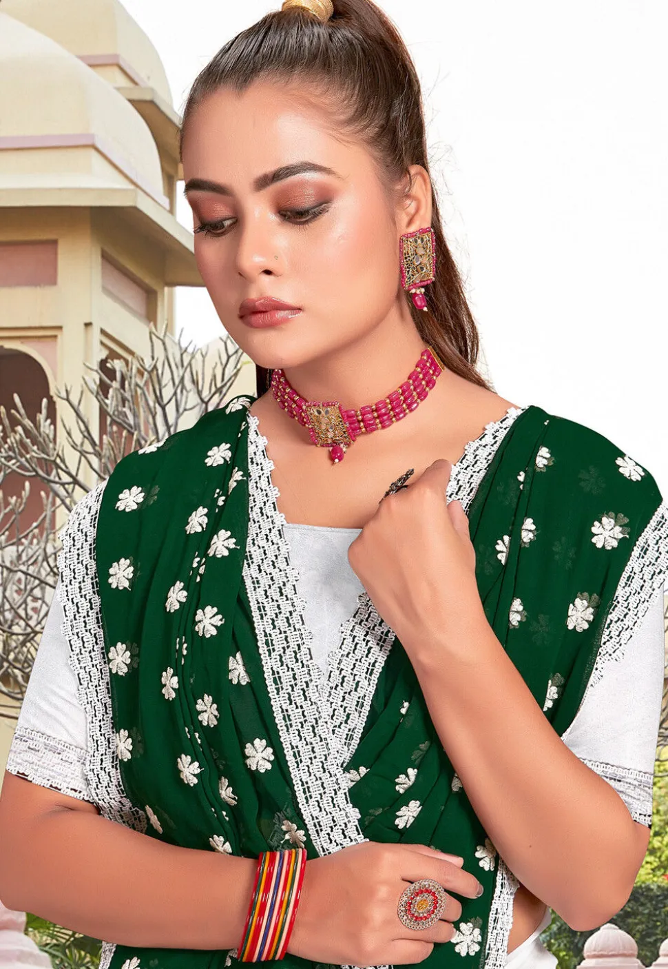 Half N Half Georgette Saree in Dark Green and Off White