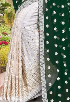 Half N Half Georgette Saree in Dark Green and Off White