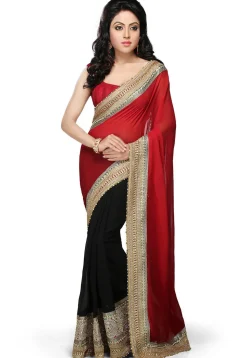 Half N Half Georgette Saree in Maroon and Black