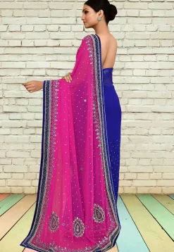 Half N Half Georgette Saree in Fuchsia and Navy Blue