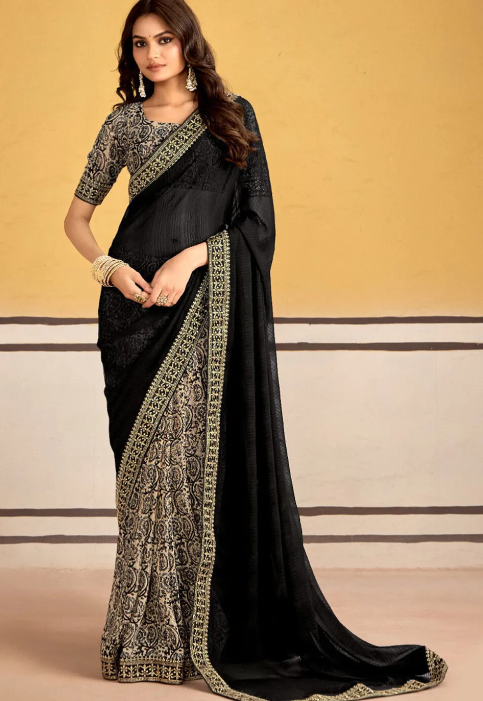 Half N Half Georgette Saree in Black and Cream