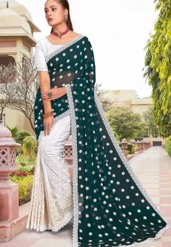 Half N Half Georgette Saree in Teal Green and Off White