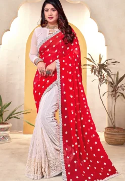 Half N Half Georgette Saree in Red and Off White