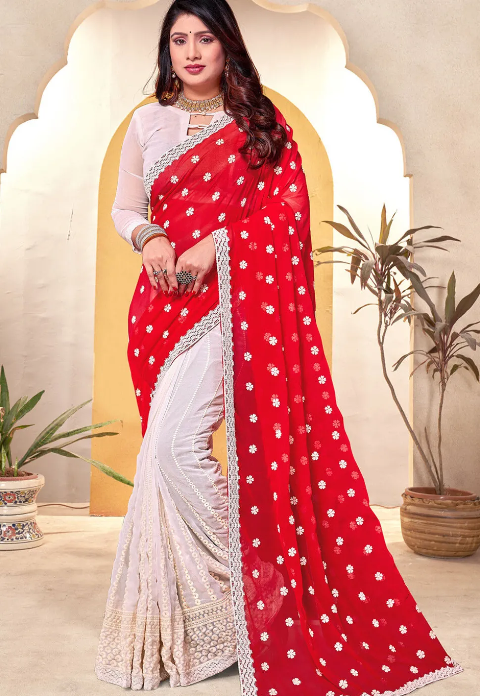 Half N Half Georgette Saree in Red and Off White