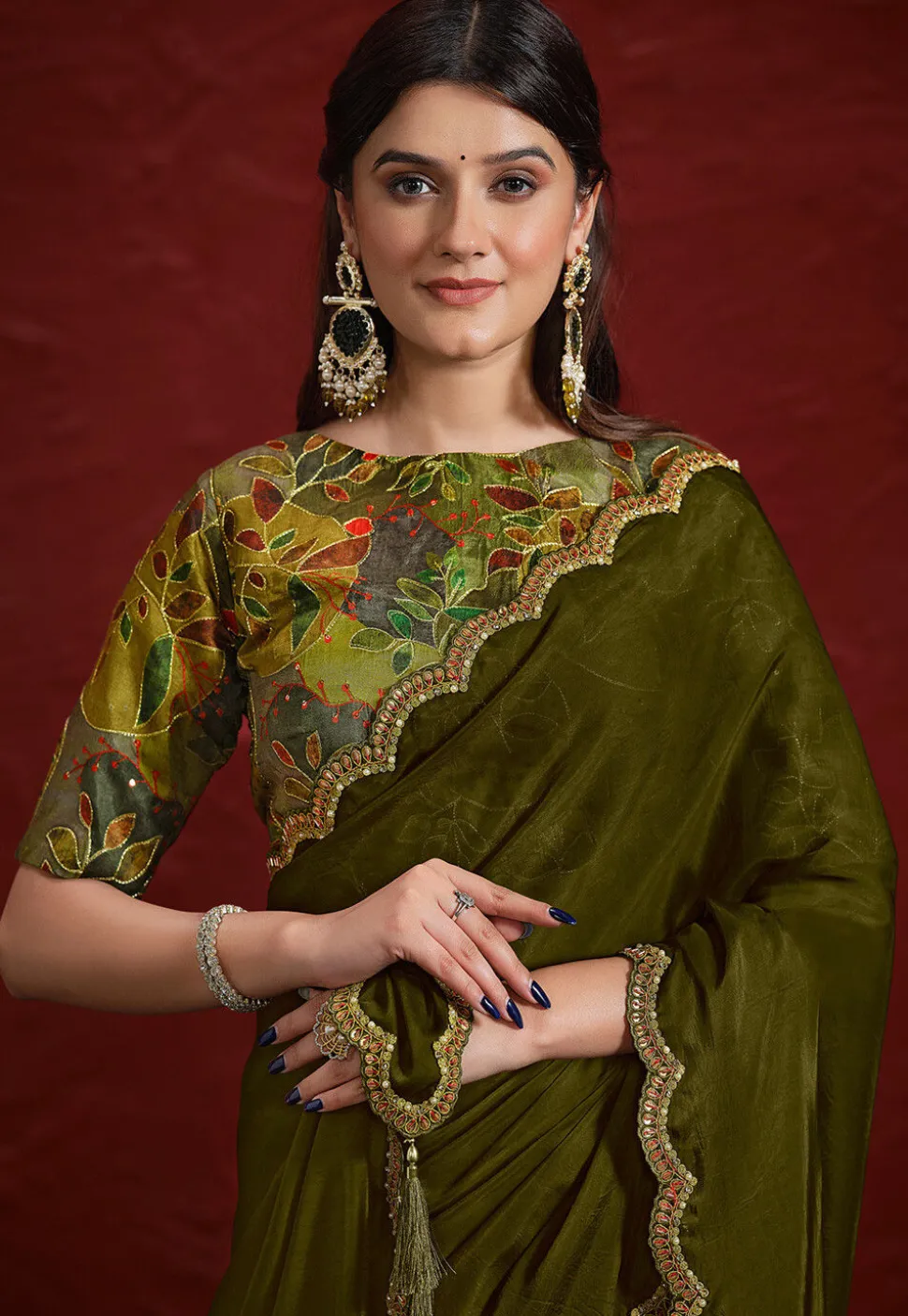 Half N Half Georgette Silk Scalloped Saree in Olive Green