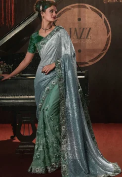 Half N Half Lycra (Elastane) Saree in Blue and Green