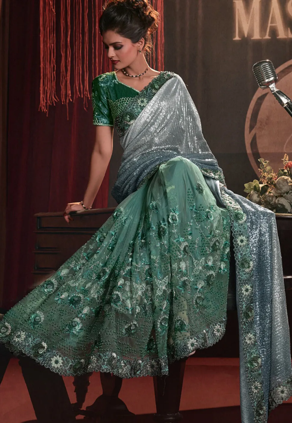 Half N Half Lycra (Elastane) Saree in Blue and Green