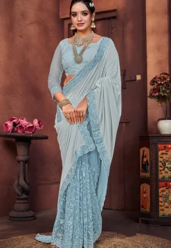 Half N Half Net and Elastane Saree in Light Blue